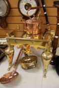 ANTIQUE BRASS FOOTMAN, COPPER KETTLE and two antique chestnut warmers
