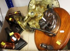 PARCEL OF METALWARE ANTIQUES including equestrian themed wall mounting fire irons' holder, a pair of