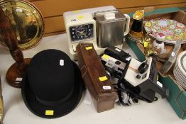 A RETRO TEAS-MAID, case of cut-throat razors, cameras, bowler hat ETC