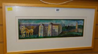 MICHAEL MCVEIGH oil on canvas - terraced town house or large institution with figure and horse