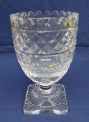 A WATERFORD CRYSTAL HEAVY-QUALITY CUT GLASS PEDESTAL VASE with coronet rim and hobnail cut body