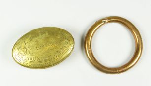 EARLY C20TH BRASS ENGRAVED OVAL SNUFFBOX engraved 'J Griffiths, Staunton on Wye 1908' together