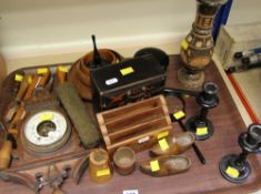 PARCEL OF MIXED WOODEN ORNAMENTS including barometer, bowls, candleholders ETC