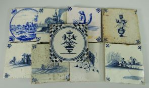 GROUP OF NINE DELFT ANTIQUE CERAMIC TILES each with underglazed blue scenes
