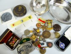 COLLECTABLES TO INCLUDE bronze medallion Henry Irving, plated wares, enamel pins, cufflinks ETC