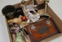 COLLECTABLES, A TRAY FULL to include pair of brass dwarf candlesticks, specimen paperweight,