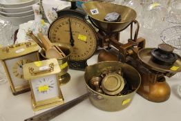 A PARCEL OF METALWARE INCLUDING set of scales, weights, pestle and mortar ETC