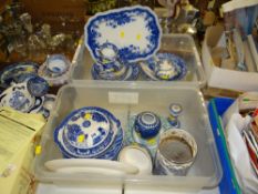 TWO TUBS OF BLUE & WHITE & OTHER POTTERY