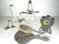 BOX OF SILVER / PART SILVER ITEMS including table clock, spoons, dressing table items ETC