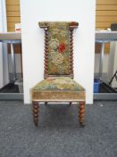 19TH CENTURY BARLEY TWIST AND TAPESTRY PRIE-DIEU CHAIR with believed original upholstery having