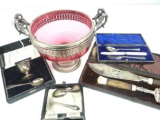EPNS & CRANBERRY GLASS PEDESTAL BOWL together with various cased vintage cutlery items