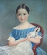 19TH CENTURY BRITISH SCHOOL - half portrait of a young elegant girl seated with dolly in her arms,