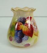 ROYAL WORCESTER PORCELAIN FRUIT DECORATED VASE of open sack form with moulded, gilded and crimped