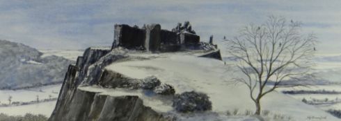 JEFF BLOOMFIELD watercolour - Carreg Cennen Castle in snow, signed, 19 x 52cms