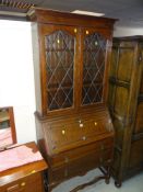 VINTAGE OAK BUREAU BOOK CASE with diamond glazed top, 200cms high x 88cms wide