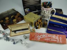 BASKET CONTAINING VARIOUS COLLECTABLES including carved chess pieces, vintage dominoes, good