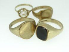FOUR 9CT YELLOW GOLD RINGS comprising three signet rings and a ladies ring set with single pearl,