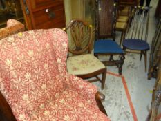VINTAGE OAK FRAMED WINGBACK ARM CHAIR together with three sundry chairs