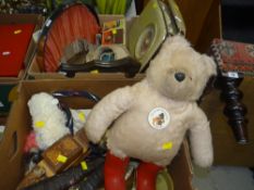 TWO BOXES OF MIXED ITEMS including vintage Bush radio, vintage Gabriel Designs soft-toy Paddington