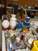 QUANTITY OF MIXED ORNAMENTS, GLASSWARE, WICKER BASKETS ETC