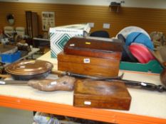 TWO VINTAGE WOODEN BOXES together with a bed warming pan, metal music stand (damaged) ETC