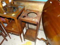 TWO ANTIQUE WASH STANDS both of square form with two tiers, one with drawer together with a circular