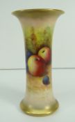 ROYAL WORCESTER PORCELAIN TRUMPET VASE with flared base and flared neck, decorated with fruit,