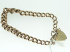 9CT YELLOW GOLD GRADUATED LINK BRACELET having a heart-shaped padlock and safety chain, 20gms