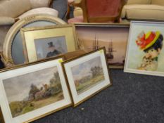 SIX VARIOUS FRAMED PICTURES including circular oil on canvas of flowers, signed H.Shaw, 49cms