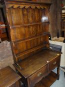VINTAGE POLISHED COMPACT WELSH DRESSER having a cavity base, two drawers and open rack with three