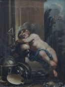 18TH CENTURY CONTINENTAL SCHOOL oil on panel - naked infant mourning while leaning on a skull,