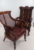 VICTORIAN SHAPED AND CARVED MAHOGANY BUTTON-BACK DRAWING ROOM CHAIR in multi-coloured striped