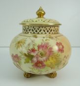 GLOBULAR ROYAL WORCESTER POT POURRI COMPLETE WITH COVER AND LID decorated with a large spray of wild