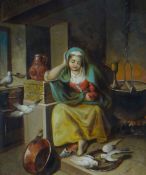 VAN HAAGEN oil on panel - interior scene with female figures gazing as doves feeding on a dish