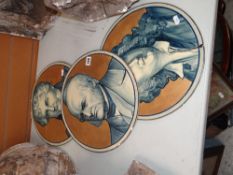 THREE 19TH CENTURY GLAZED CERAMIC ROUNDALLS each with portrait illustrations and one being almost