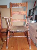 ANTIQUE MIXED WOOD LADDER-BACK ELBOW CHAIR