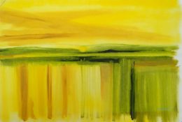 GLENYS COUR watercolour - yellow and green landscape, signed, unframed, 53 x 74cms