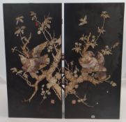 PAIR OF JAPANESE MEIJI PERIOD MOTHER OF PEARL AND IVORY COLLAGES on black lacquer panels,