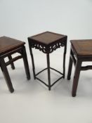 PAIR OF CHINESE HARDWOOD COFFEE TABLES & SIMILAR SQUARE STAND, 41cms wide (2x) and 28cms x 28cms