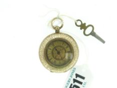 14K YELLOW GOLD BRIGHT-CUT FOB-WATCH with brass colour dial bearing Roman numerals, 37.3g gross