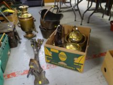 PARCEL OF MIXED VINTAGE METALWARE including brass spirit kettle and stand, 19th Century