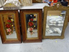 PAIR OF FLORAL PAINTED VINTAGE BEVELLED WALL MIRRORS in carved oak frames, together with a