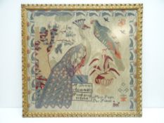 GOOD LATE VICTORIAN PICTORIAL WOOL-WORK SAMPLER of large proportions and featuring a perched peacock