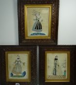 TRIO OF ALLEGORICAL CUT-SILK PICTURES for the seasons, each with a female figure representing