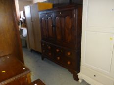 19TH CENTURY INLAID OAK PRESS CUPBOARD having a base of five drawers, 149cms high x 136cms wide