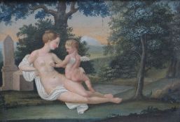 VIENNA SCHOOL oil on panel - semi-clad maiden reclining in a garden with cherub, unsigned, inscribed