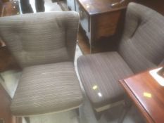 A PAIR OF LOW MID-CENTURY / RETRO FOUR BUTTONED WINGBACK CHAIRS in grey ribbed upholstery