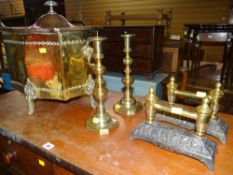 PARCEL OF BRASS to include twin-handled coal bin and cover, fire dogs and a pair of candlesticks