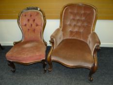 TWO ANTIQUE BUTTON BACK SPOON SHAPED CHAIRS in similar pink upholstery