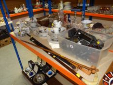 PLASTIC TUB OF CAMERA EQUIPMENT, four walking sticks and vintage Japanese export tea and